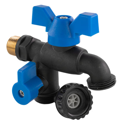 Garden bib double tap valve showing brass inlet thread and blue top cap