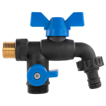 Garden bib double tap valve with blue lever handle and two black outlet ports