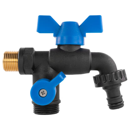 Garden bib double tap valve close-up with blue lever and ribbed black connector