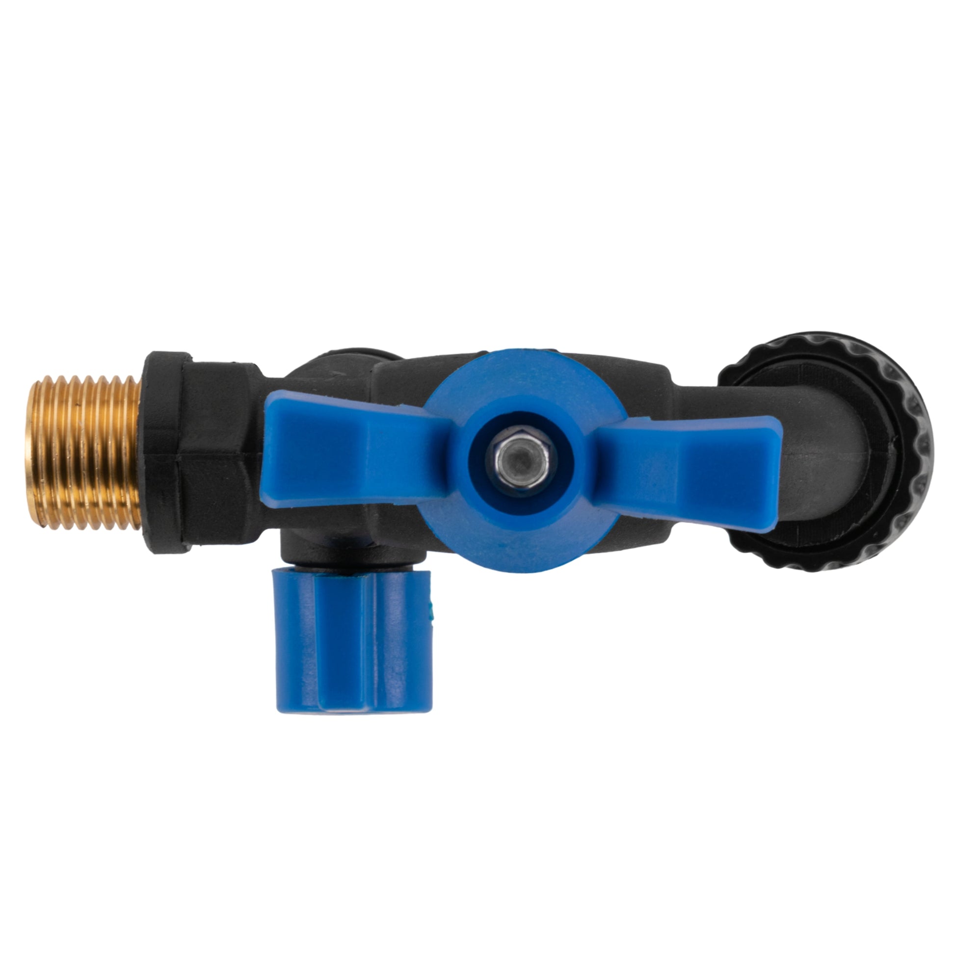 Garden bib double tap valve side view with blue central cross handle