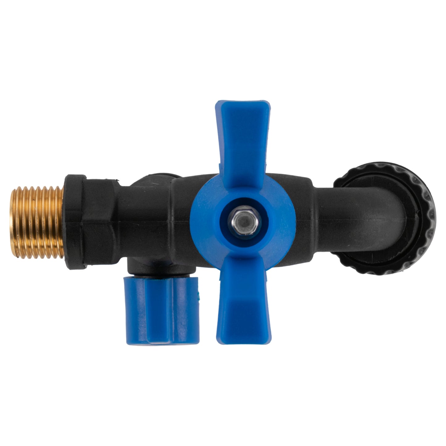 Garden bib double tap valve with blue cross handle and brass inlet