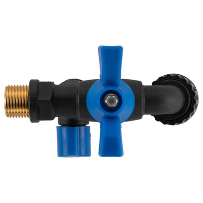 Garden bib double tap valve with blue cross handle and brass inlet