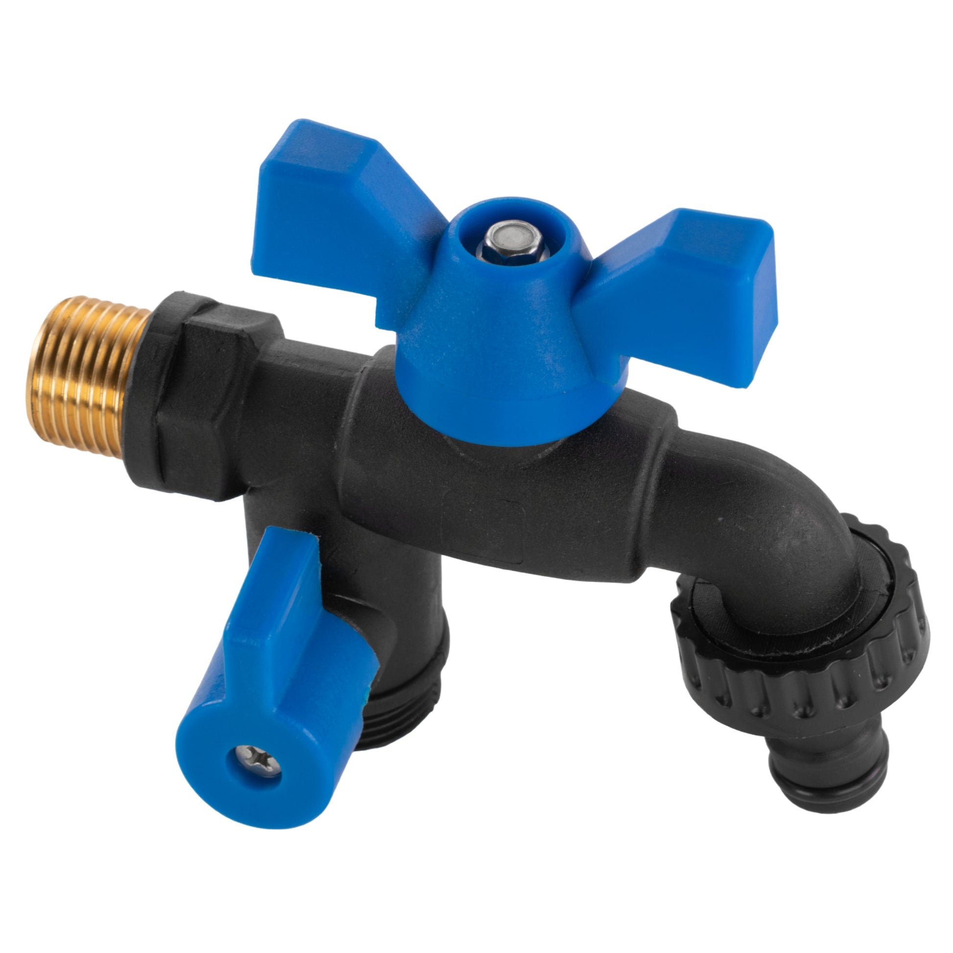 Garden bib double tap valve angled view, blue top and black swivel outlets