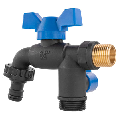Garden bib double tap valve with blue lever, black fittings, brass thread, 1/2" BSPM