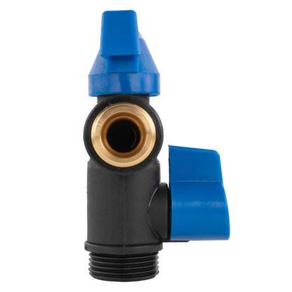 Garden bib double tap outlet view, blue cap on black housing, brass port, 1/2" BSPM