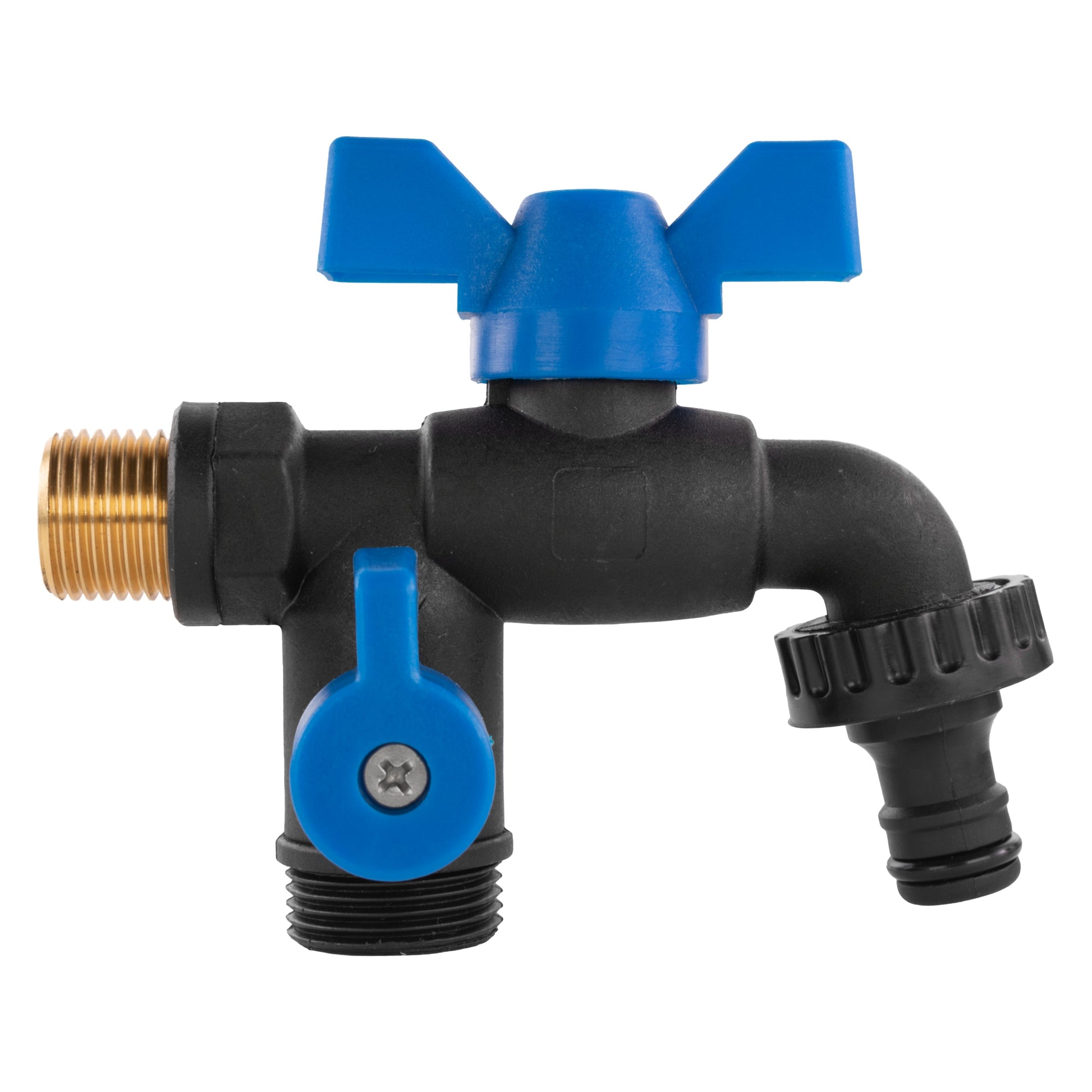 Garden bib double tap fitting, blue lever front, black body with brass inlet/outlets, 1/2" BSPM