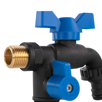 Garden bib double tap valve side, black body with blue knob, brass thread connection, 1/2" BSPM