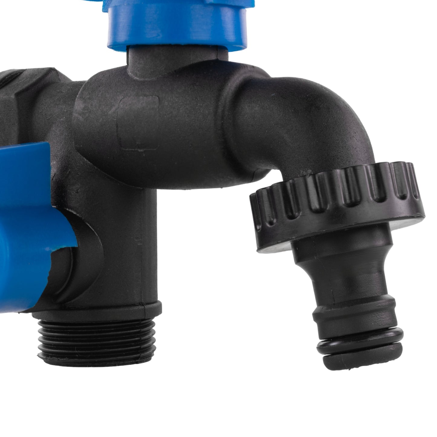 Garden bib double tap close-up, black hose connectors with ribbed ring and blue lever, 1/2" BSPM