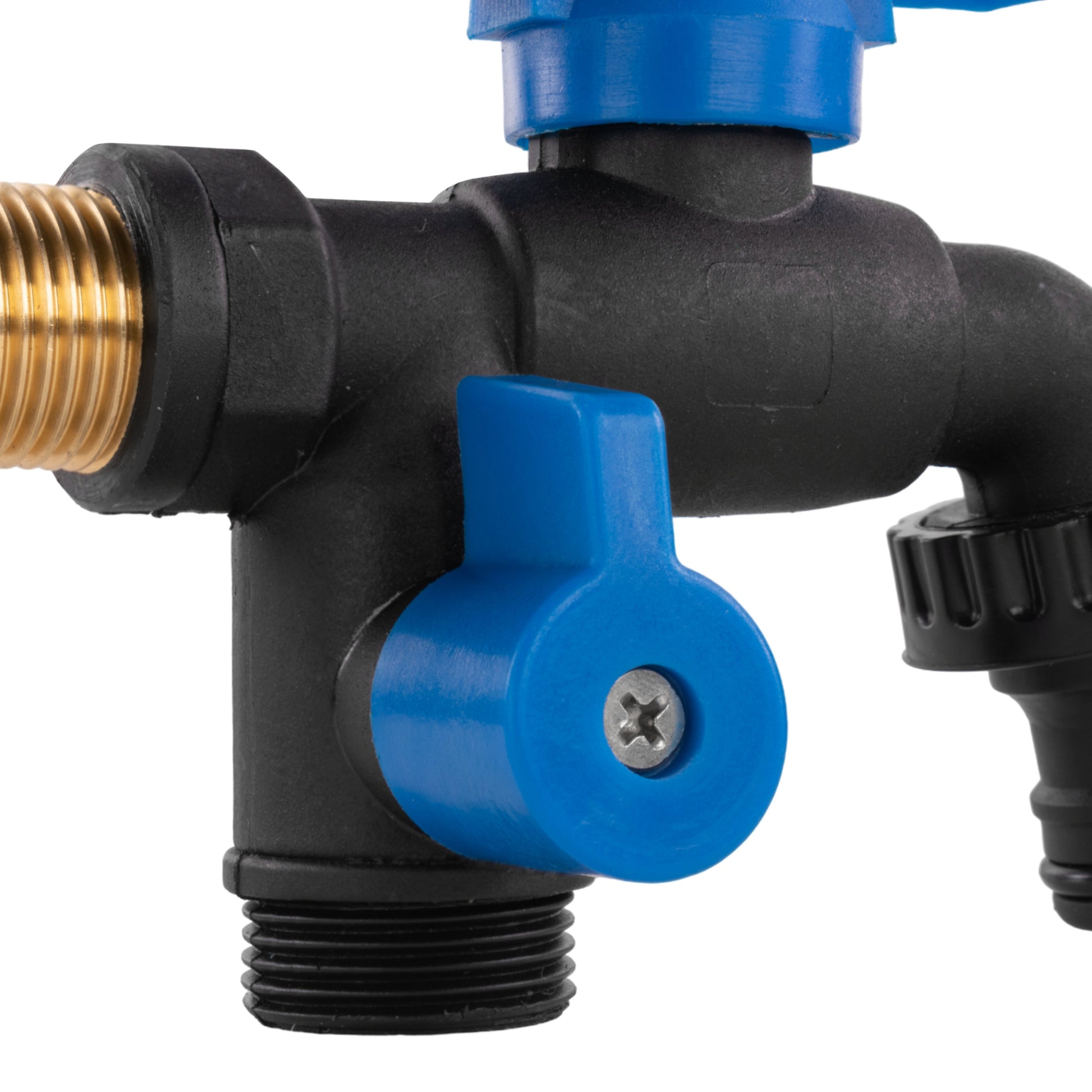Garden bib double tap close-up, blue screw-on lever, black fitting body, 1/2" BSPM