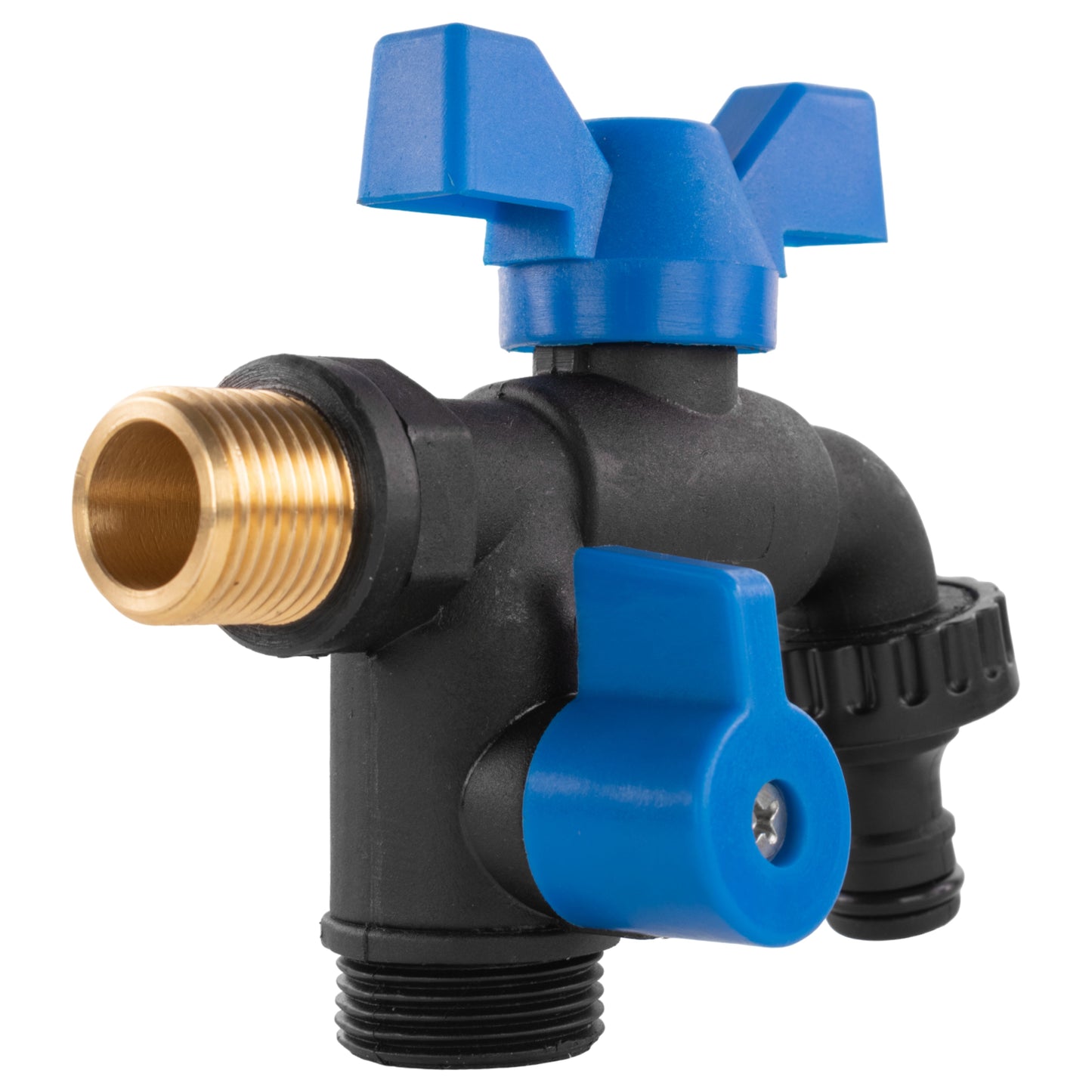 Garden bib double tap with brass threaded port and blue lever, black body, 1/2" BSPM