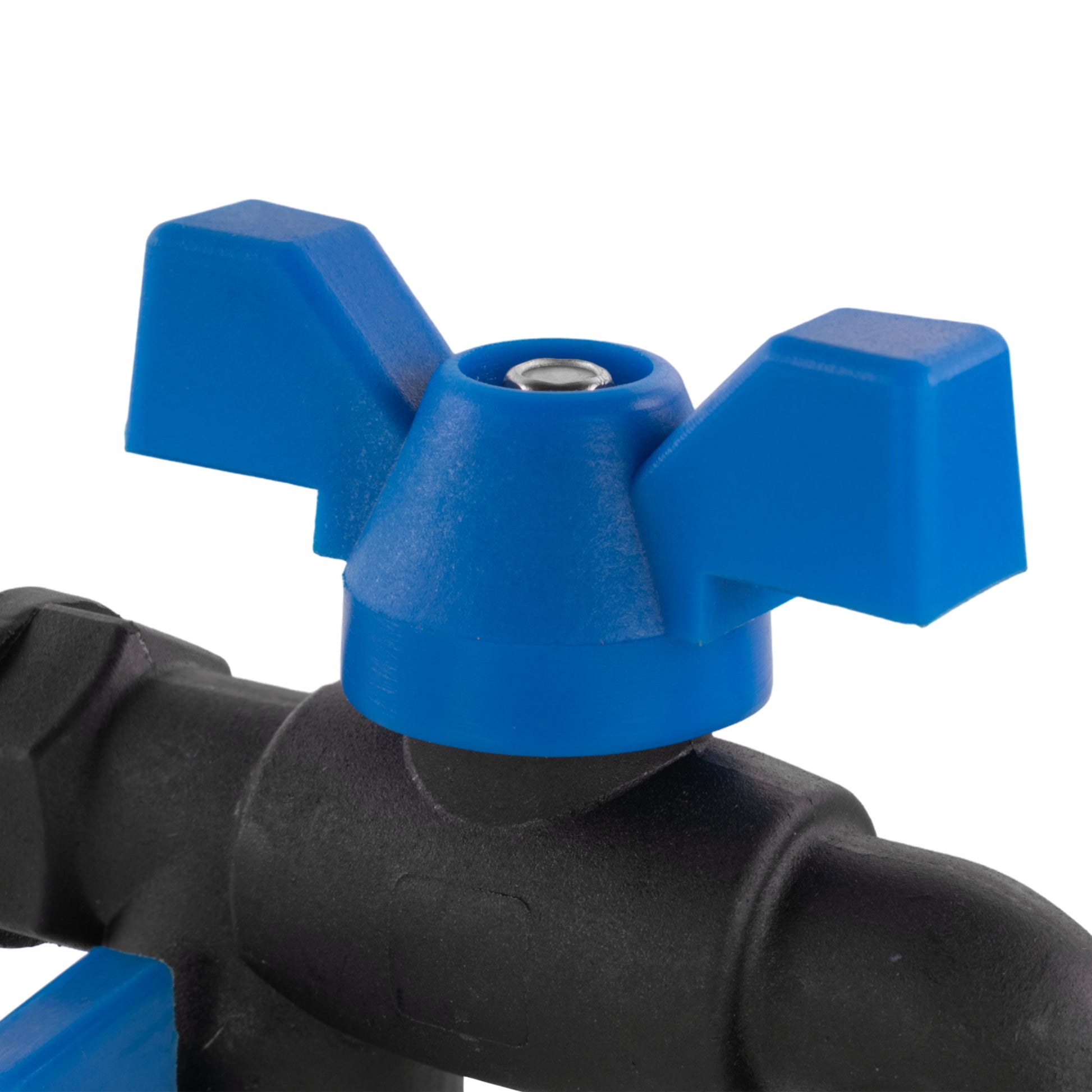 Garden bib double tap top view, blue double handle on black pipe section, 1/2" BSPM