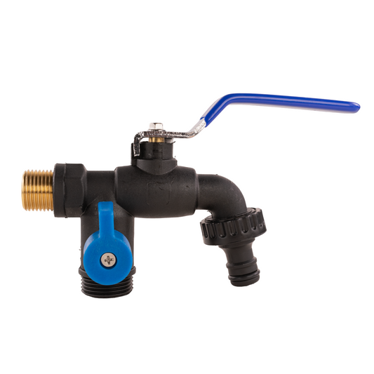Garden lever double tap 1/2" BSPM with blue lever and black dual outlet valve