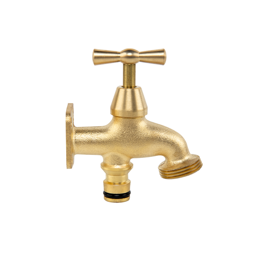 Brass bib tap with cross handle and threaded outlet spout