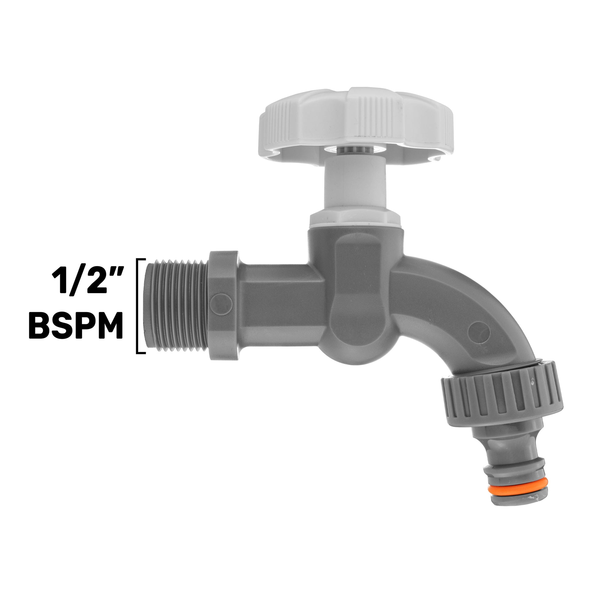 1/2" BSPM grey plastic tap with white top knob and hose-thread inlet