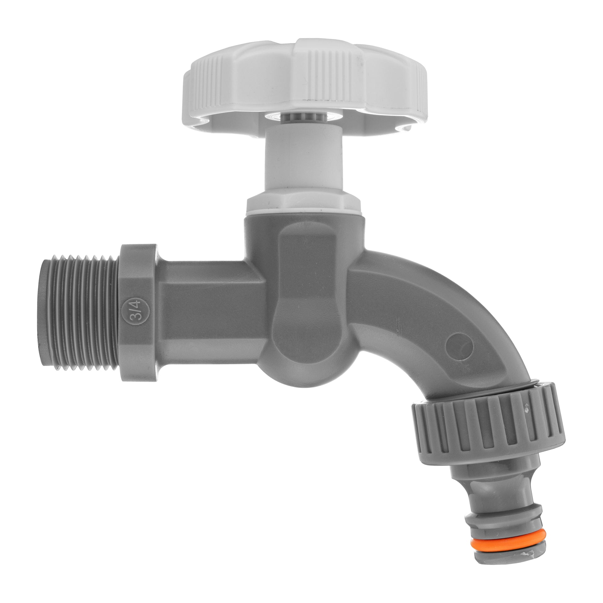 Grey water butt tap with ridged cap, 1/2" thread and orange push-ring