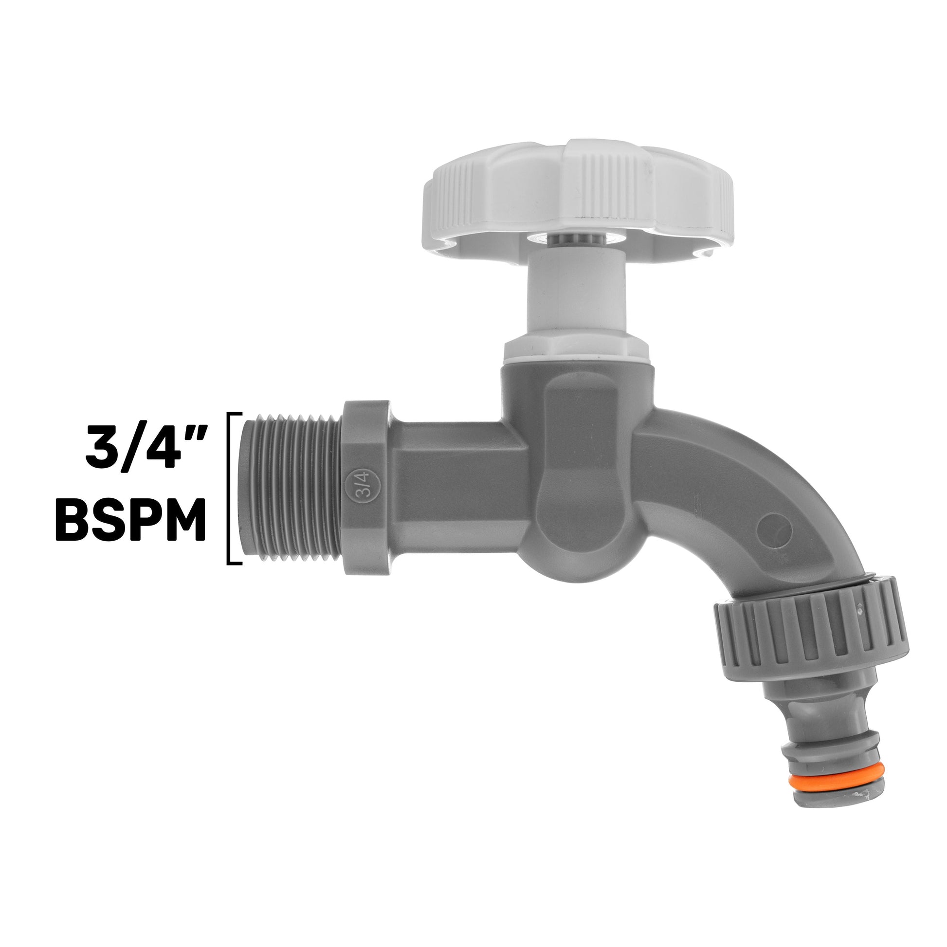 3/4" BSPM plastic tap with white top, grey body, angled outlet and orange seal