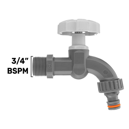 3/4" BSPM plastic tap with white top, grey body, angled outlet and orange seal