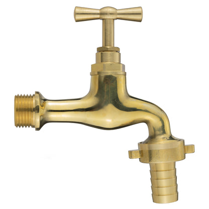 Polished brass garden tap with 1/2" BSP inlet and 19mm barb connection