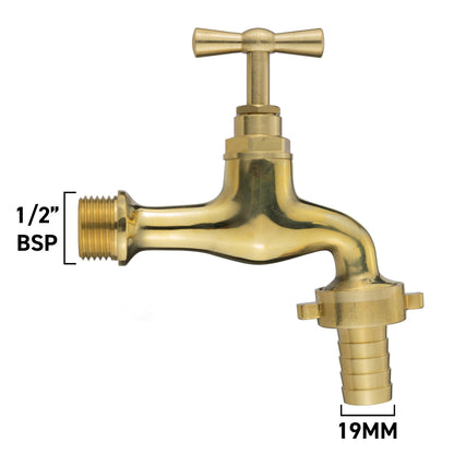 Polished brass garden tap with 1/2" BSP thread and 19mm barb outlet