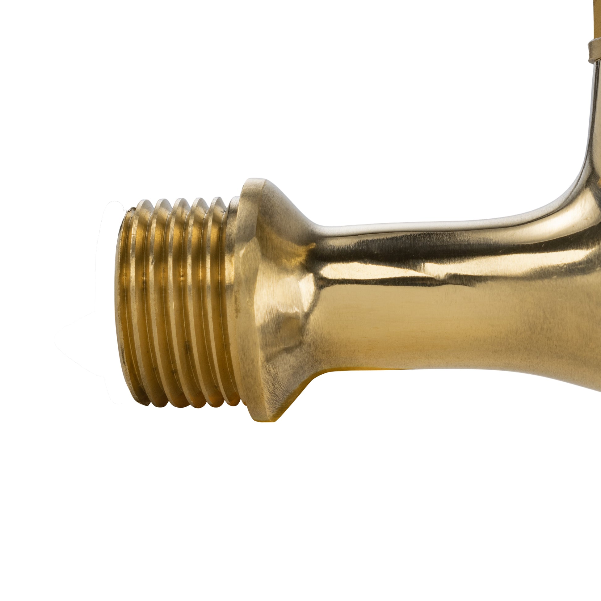 Close-up of polished brass threaded connection on quick-connect tap fitting