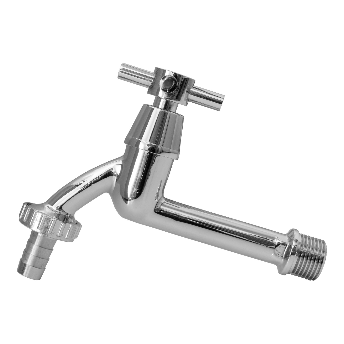 Chrome water butt tap with 1/2" barb end and cross-handle