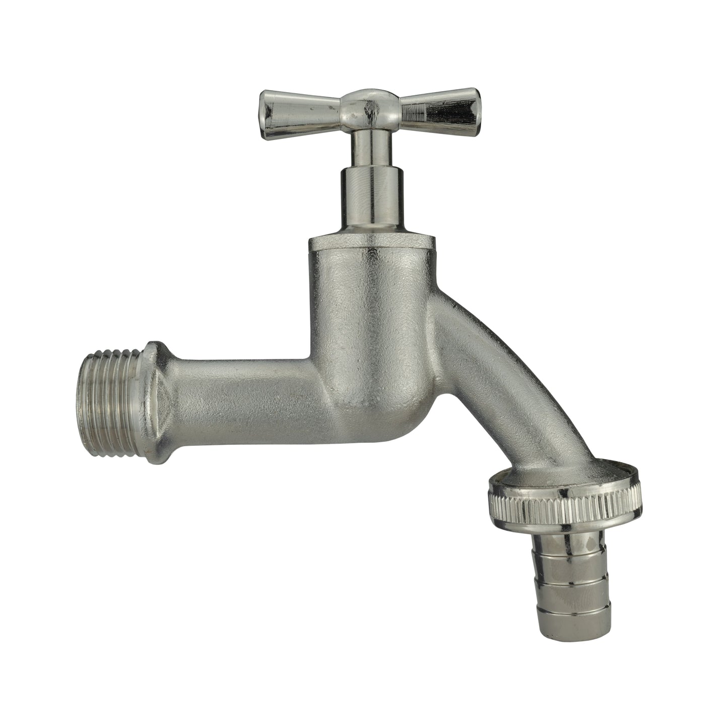 Nickel-plated bib tap with angled outlet and barbed ¾” hose connector