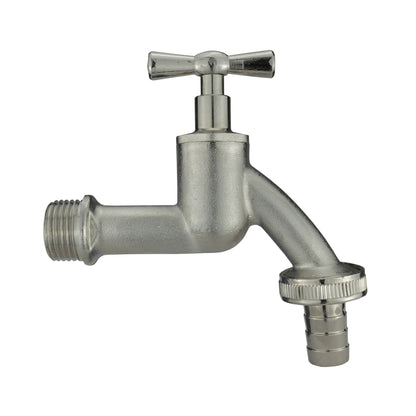Nickel-plated bib tap with angled outlet and barbed ¾” hose connector