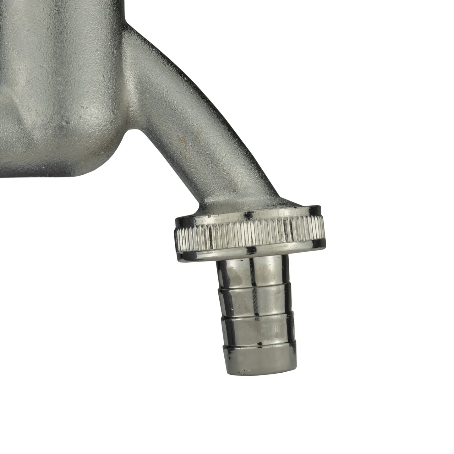¾” barb hose connection with ribbed collar on nickel-plated bib tap
