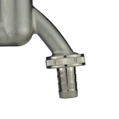 ¾” barb hose connection with ribbed collar on nickel-plated bib tap
