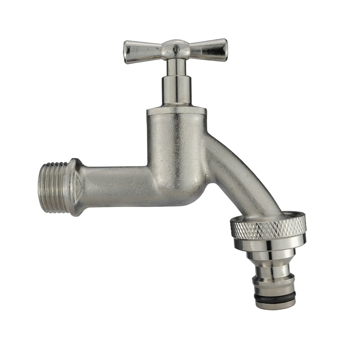 Chrome bib tap outlet with nickel-plated elbow and sealing cap, for wall flange kit