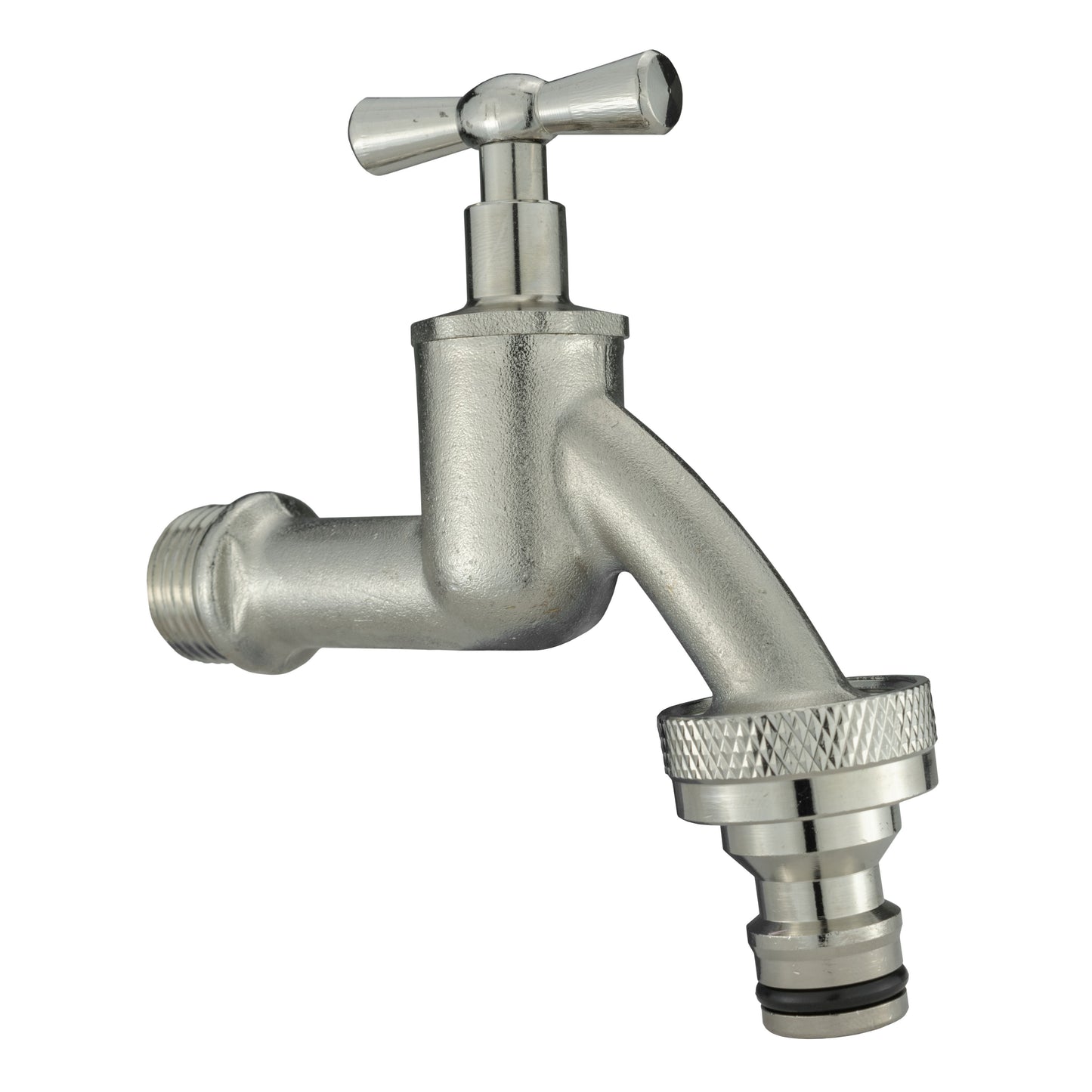 Nickel-plated elbow bib tap with threaded inlet and snap-on connection for 20mm flange