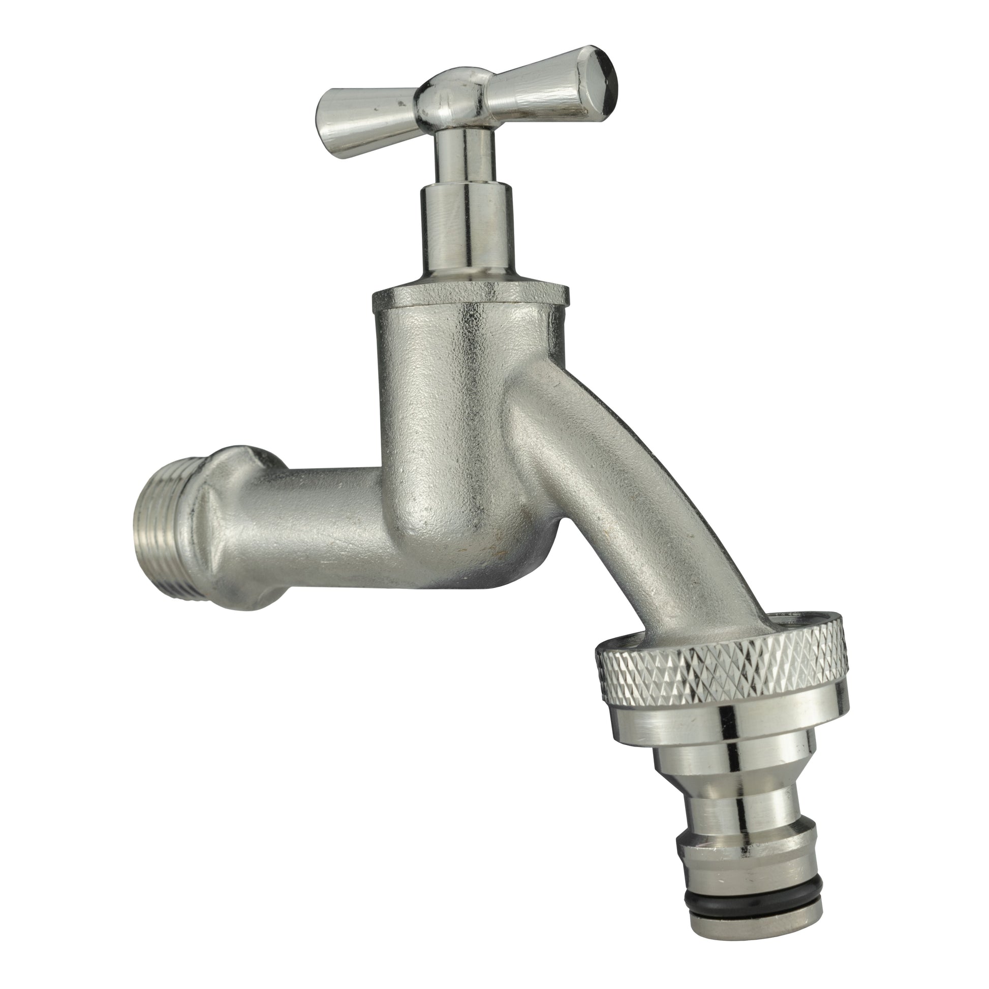 Nickel-plated elbow bib tap with threaded inlet and snap-on connection for 20mm flange