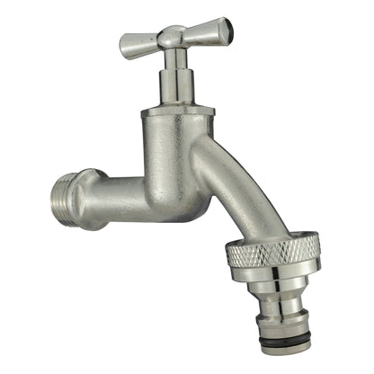 Nickel-plated elbow bib tap with threaded inlet and snap-on connection for 20mm flange