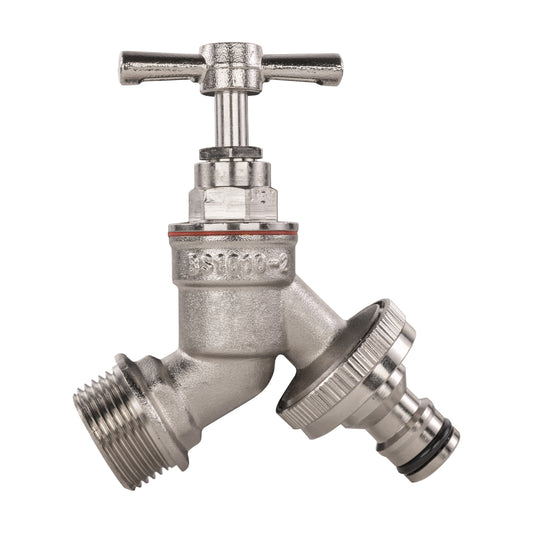 1/2" BSPM inlet garden bib tap, nickel-plated brass, snap-on male connector