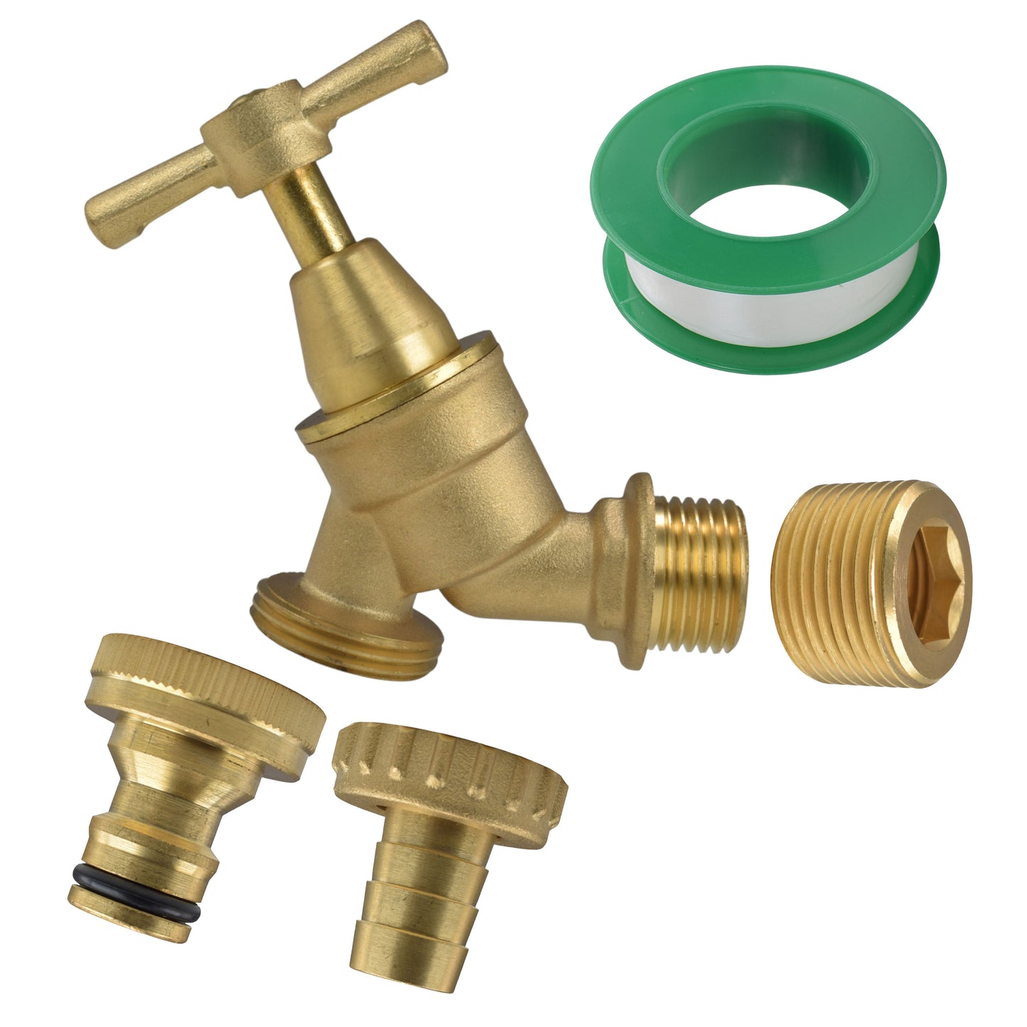 Brass bib tap kit with barb/quick-connect outlet, 1/2" & 3/4" BSP inlet threads