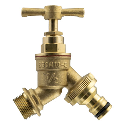 Brass body of wall flange kit with visible 1/2" marking and two threaded ends