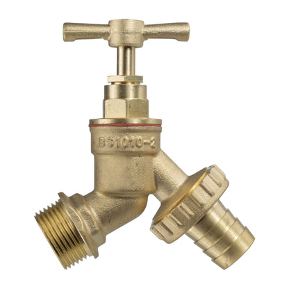 Brass tap body with lever handle and threaded outlets for water butt kit