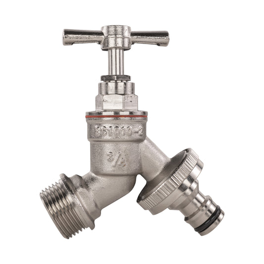 Nickel-plated brass garden bib tap, 3/4" BSPM inlet, snap-on male