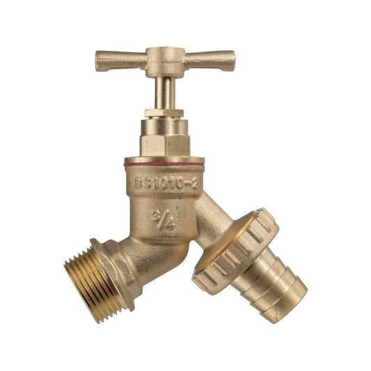 Garden bib tap brass with 3/4" BSPM inlet and 3/4" barb outlet, lever handle