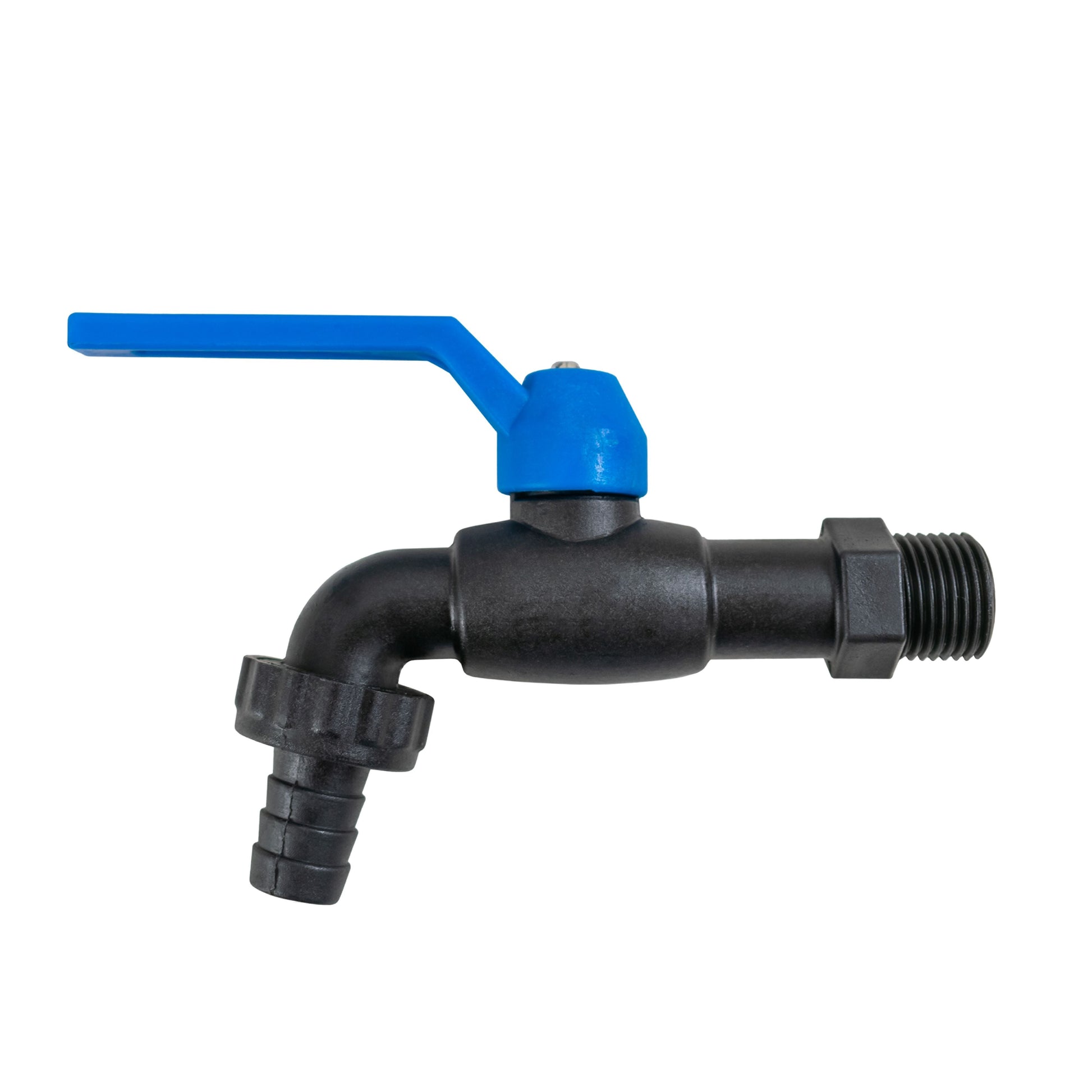 3/4" BSPM nylon garden tap with barbed elbow, blue handle and black body