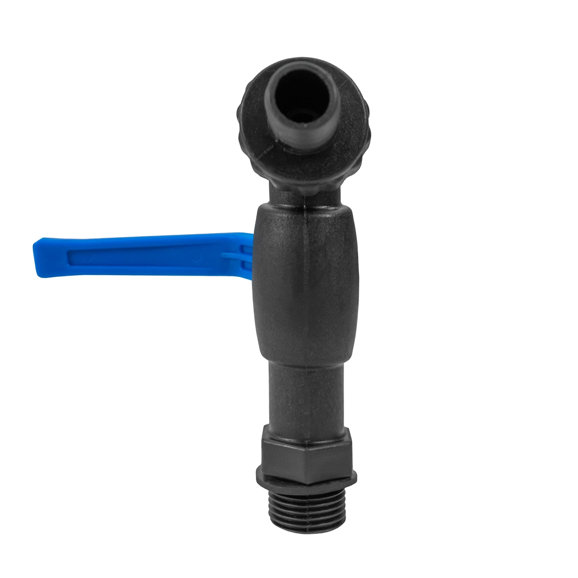 3/4" BSPM garden tap with barbed outlet, blue lever on black fitting