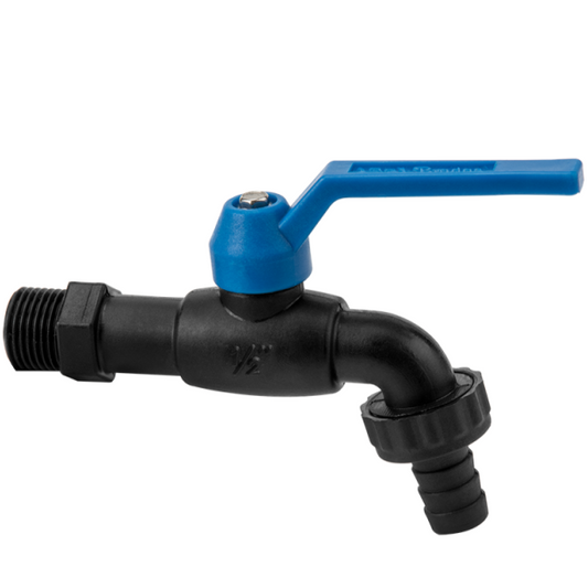 1/2" BSPM nylon garden tap valve with blue lever and black 1/2" barb outlet