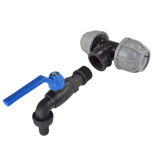 Gartenschlauch-Tap Adapter mit blauer Hebelhand, schwarze MDPE-Anschlüsse
