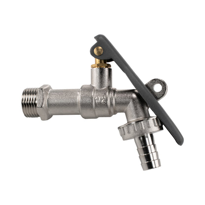 Metal lever lock tap assembly with hose-barb outlet and threaded inlet connection