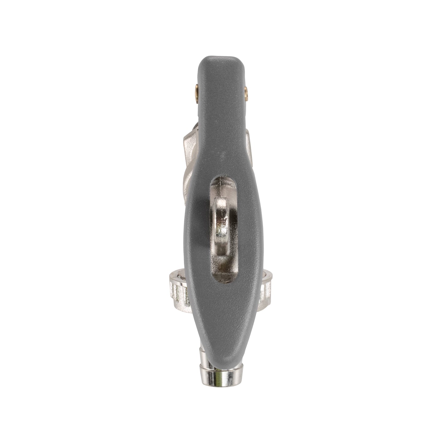 Lever tap handle end view with mounting bracket and connection outlet