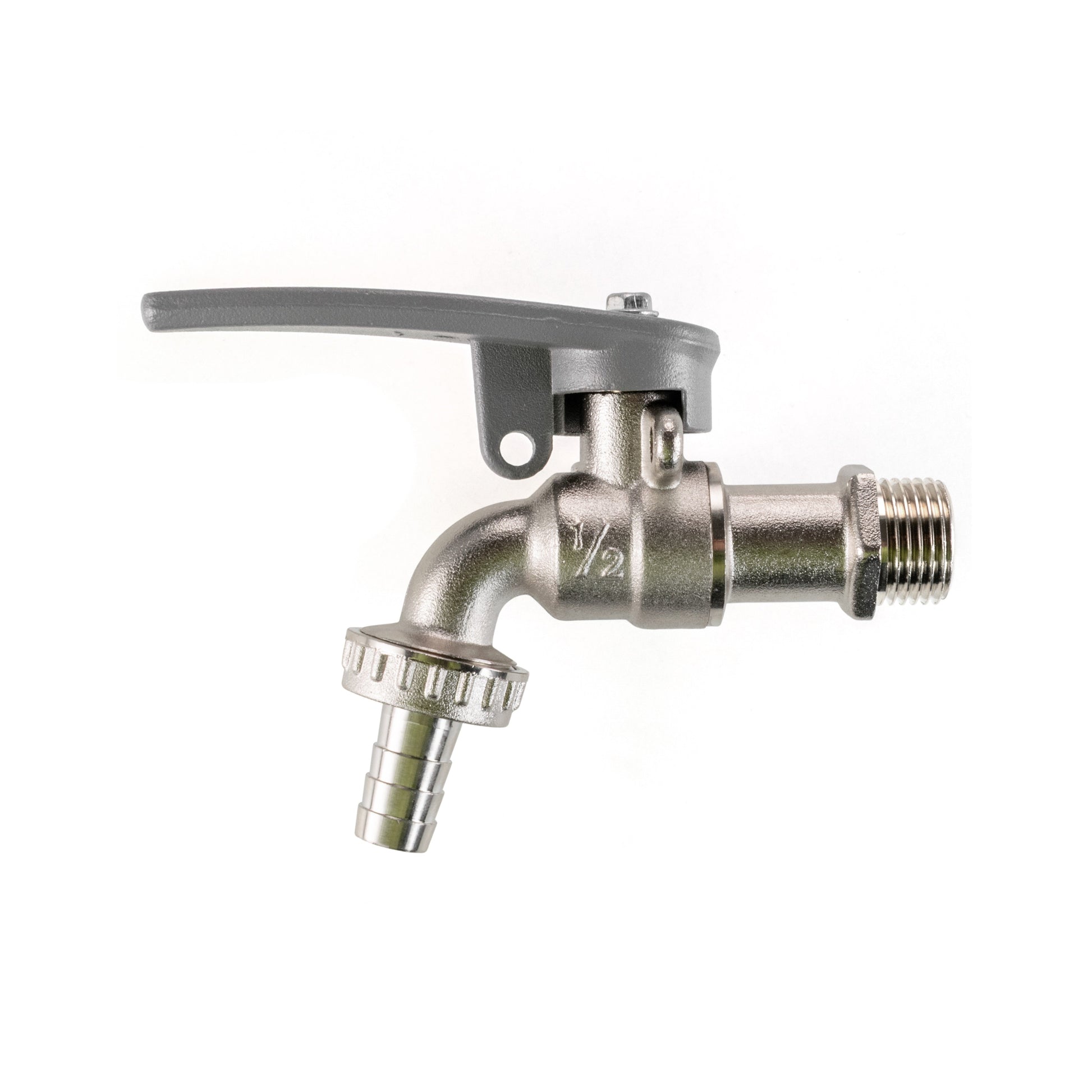 Water butt kit 1/2" lever tap with hose barb: angled spout and threaded outlet