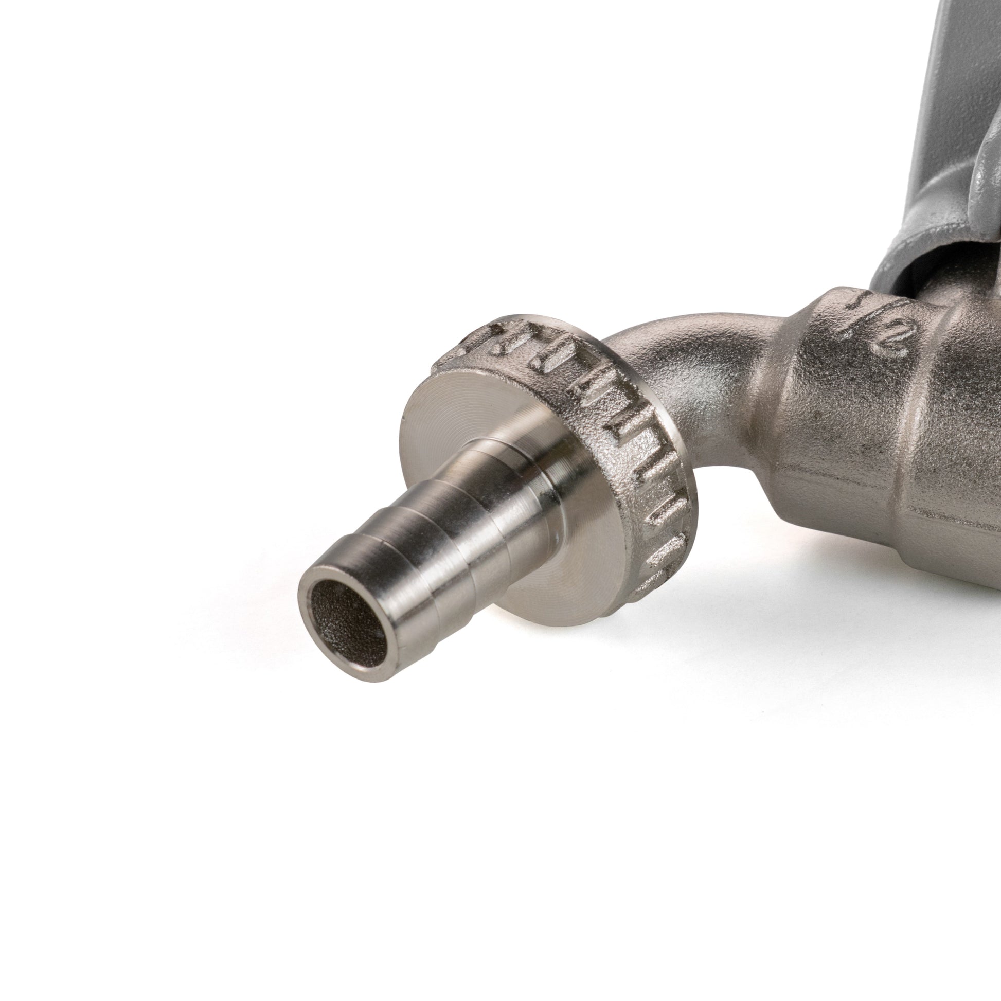 Water butt kit 1/2" tap: push-on hose barb outlet with clamp ring, silver metal