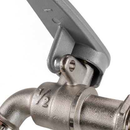 Lever tap MDPE wall flange connector with side lock and hose barb