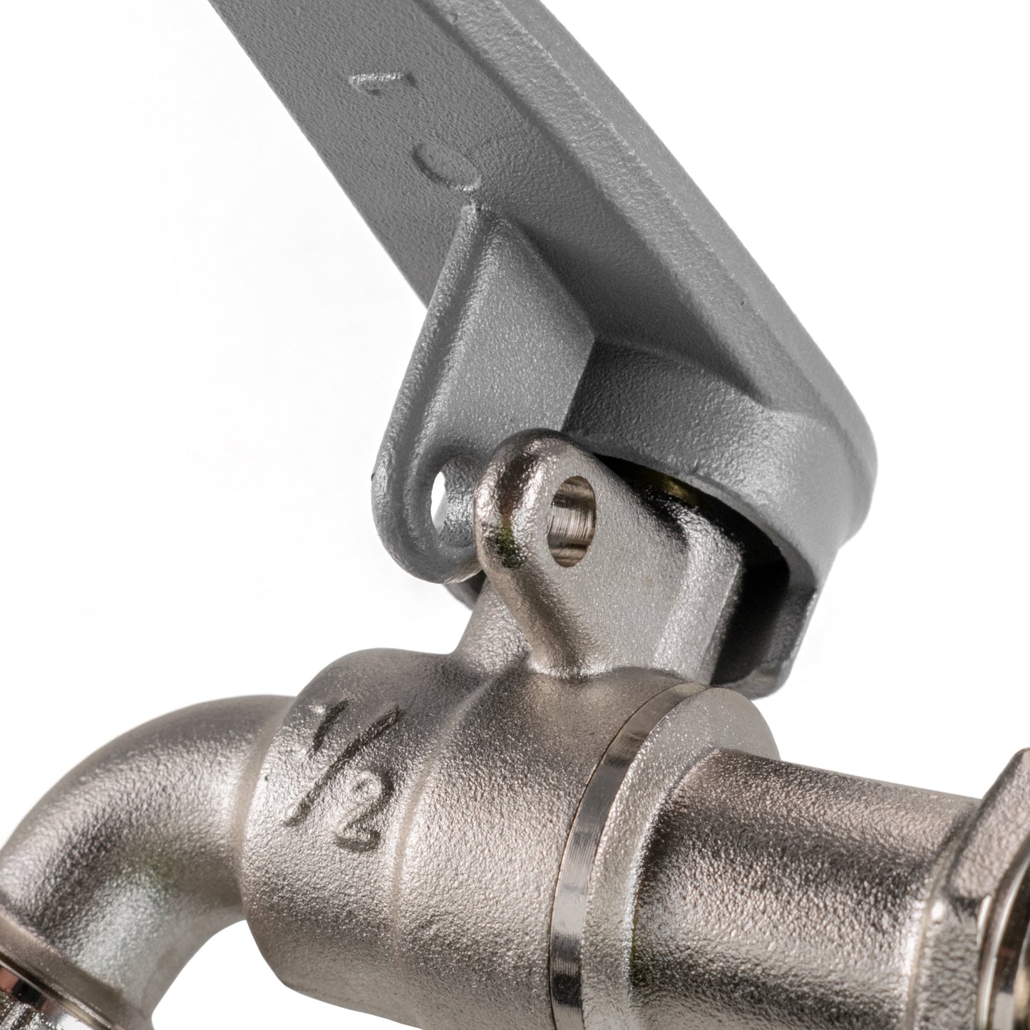 Close-up water butt kit tap: lever head and side-lock bracket, silver 1/2" thread