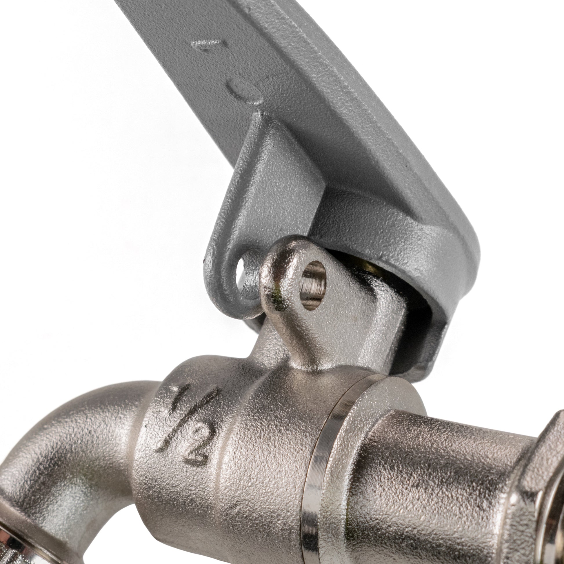 Close-up water butt kit tap: lever head and side-lock bracket, silver 1/2" thread